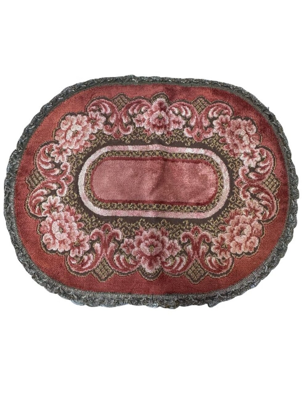 Vintage Oval Floral Rug With Metallic Gold Trim 17"x13" Red Pink Brown Accent Ma